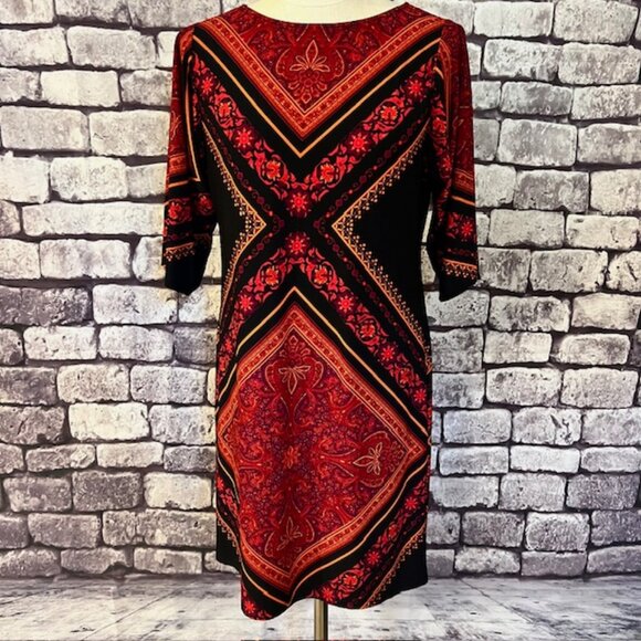 London Times Dresses & Skirts - London Times Red, Black & Orange Half Sleeve Dress Size 6P